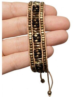 Boho Egyptian-Inspired Beaded Bracelet | Adjustable Macramé | Bronze & Black